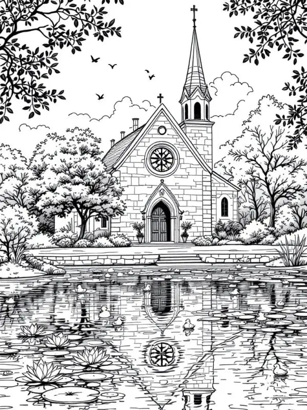 Ausmalbild Kirche am Wasser – Kostenlos Ausdrucken | Malvorlage Erwachsene Architektur - TradingToys.de 1