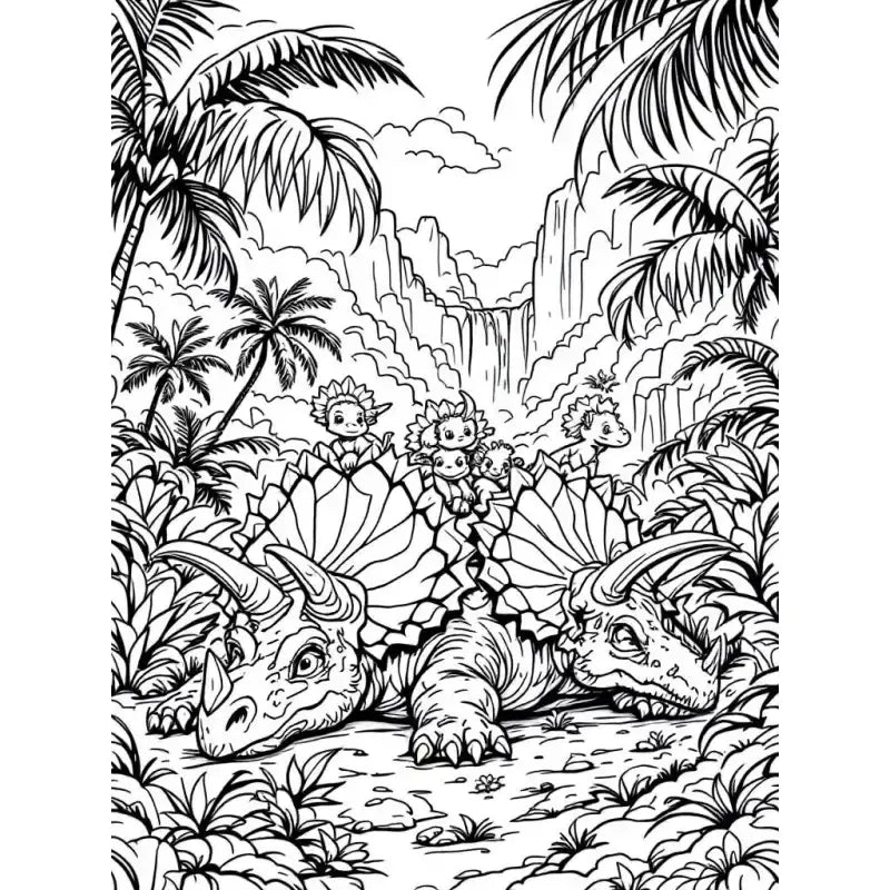 Dino Ausmalbild Dinosaurier Familie mit Babys - 1
