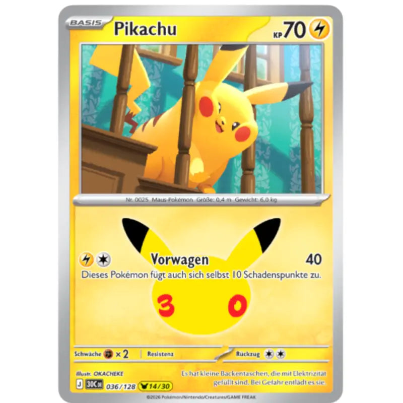 Pikachu J 30CDE 036/128 | Pokémon 30 Jahre Sammelkartenspiel - 1