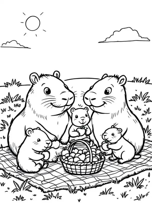 Ausmalbild Capybara Familie Picknick – Kostenlos Ausdrucken | Kinder - TradingToys.de 1