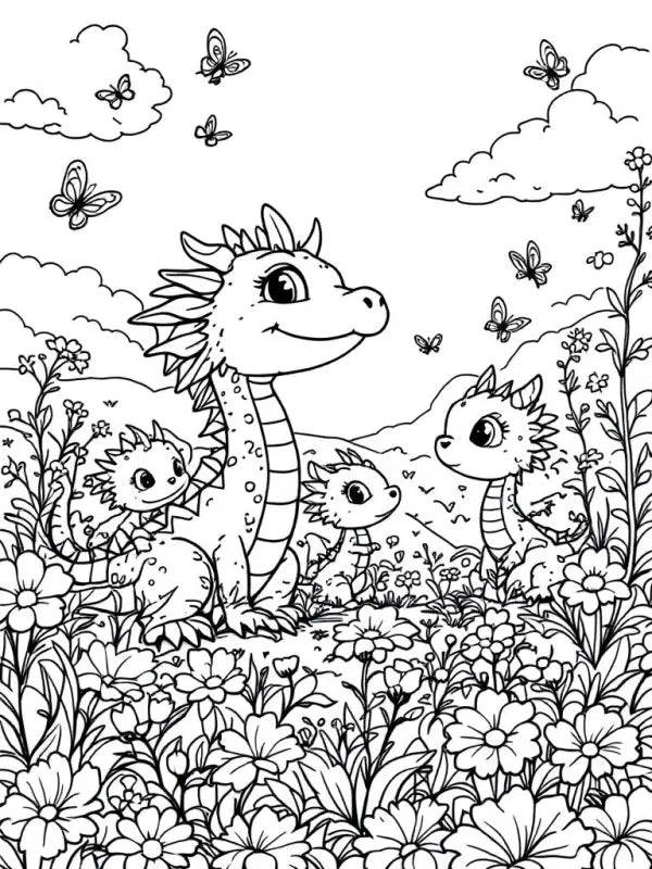 Ausmalbild Drache mit Babydrachen – Kostenlos Ausdrucken | Malvorlage Kinder PDF - TradingToys.de 1