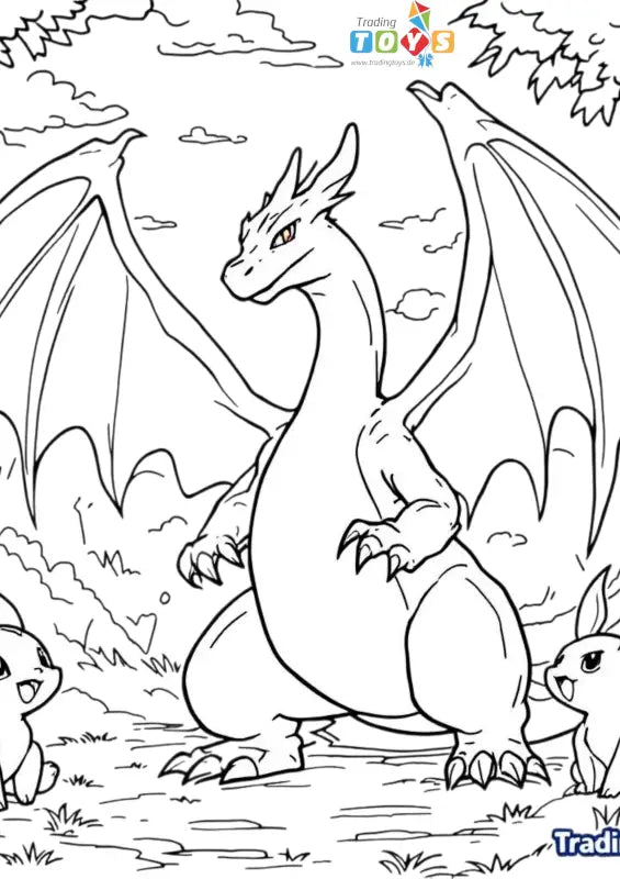 Ausmalbild Drache mit Flügeln – Kostenlos Ausdrucken | Epische Drachen - TradingToys.de 1