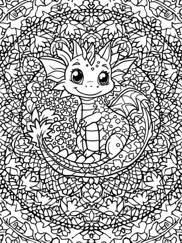 Ausmalbild Drache Mandala – Kostenlos Ausdrucken | Baby-Drache Blumen-Mandala PDF - TradingToys.de 1