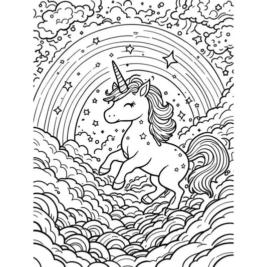 Ausmalbild Einhorn mit Regenbogen kostenlos - 1