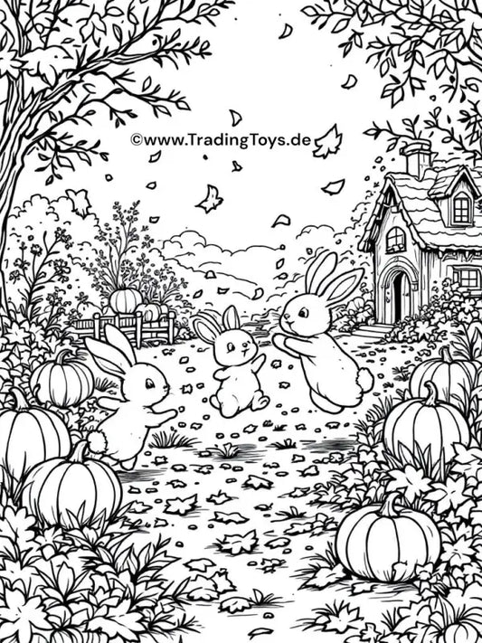 Ausmalbild Herbst Hasenfamilie Kürbisse – Kostenlos Ausdrucken - 1