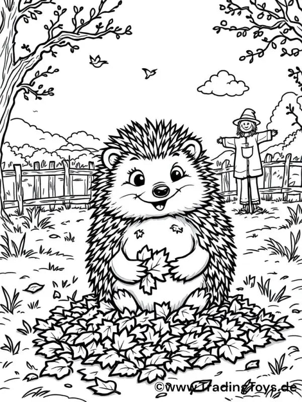 Ausmalbild Herbst Igel Laubhaufen – Kostenlos Ausdrucken | Malvorlage Kinder - 1