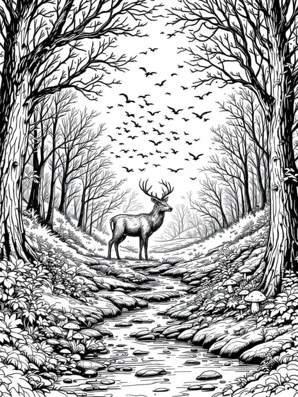 Ausmalbild Hirsch im Wald – Kostenlos Ausdrucken | Malvorlage Erwachsene PDF - TradingToys.de 1