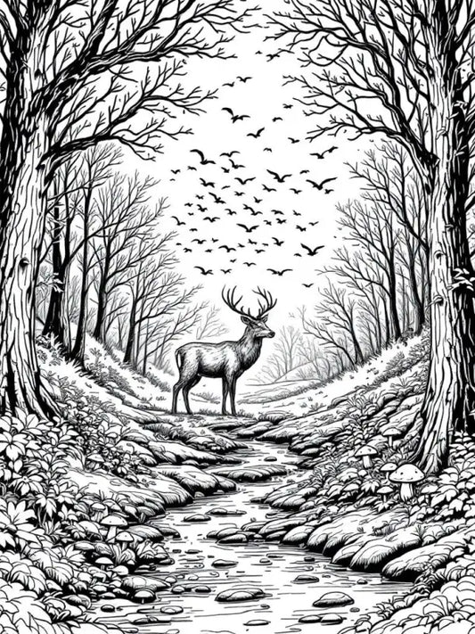 Ausmalbild Hirsch im Wald – Kostenlos Ausdrucken | Malvorlage Erwachsene PDF - 1