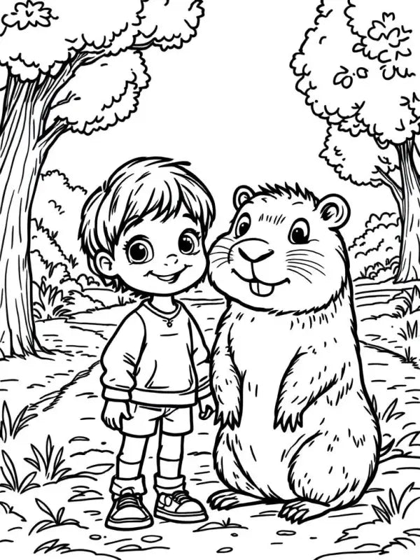 Ausmalbild Junge mit Capybara – Kostenlos Ausdrucken | Malvorlage Kinder Freundschaft - TradingToys.de 1