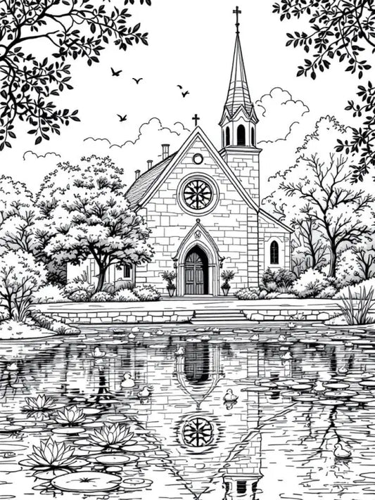 Ausmalbild Kirche am Wasser – Kostenlos Ausdrucken | Malvorlage Erwachsene Architektur - 1