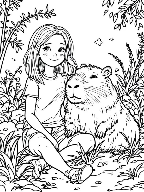 Ausmalbild Mädchen mit Capybara – Kostenlos Ausdrucken | Malvorlage PDF - 1