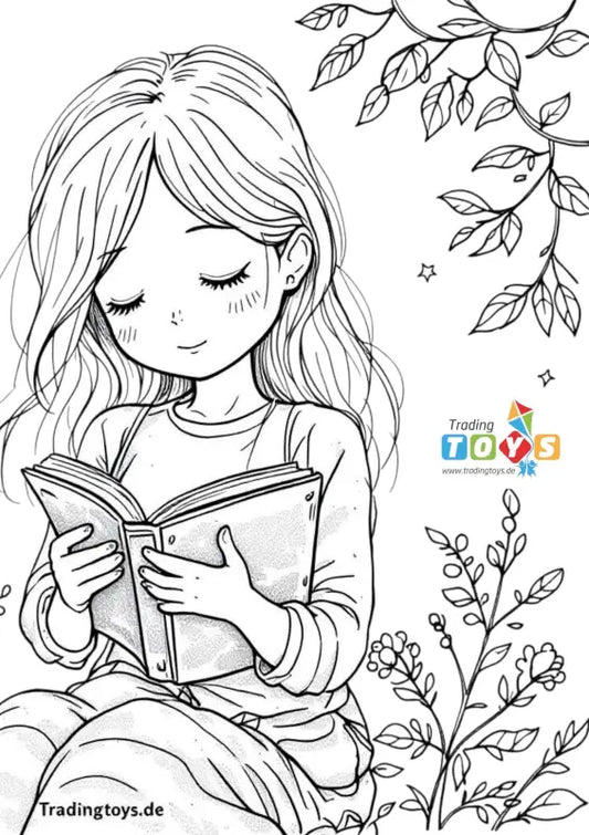 Ausmalbild Mädchen liest Buch – Kostenlos Ausdrucken | Manga Malvorlage - TradingToys.de 1