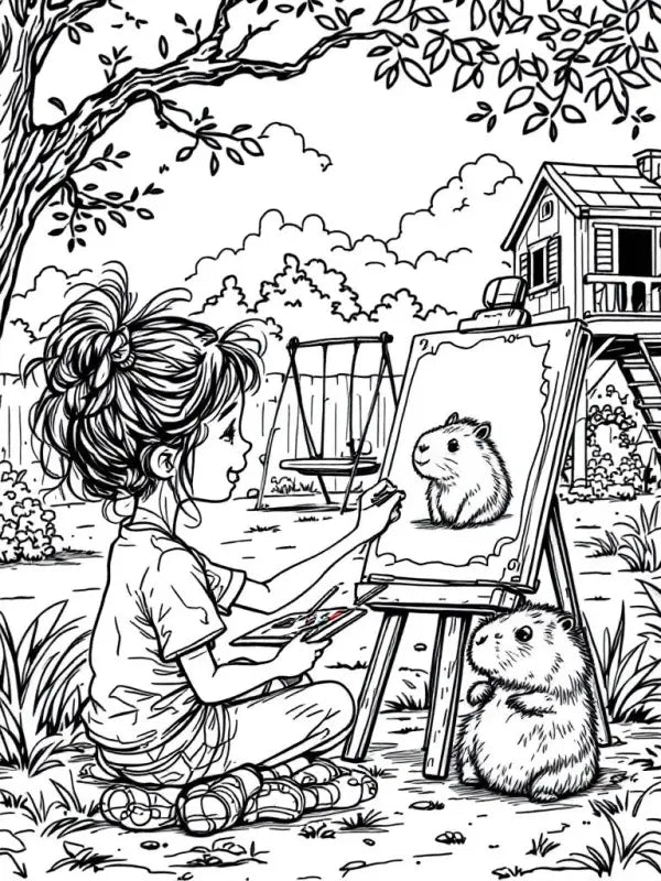 Ausmalbild Mädchen malt Capybara – Kostenlos Ausdrucken | Kreative Malvorlage Kinder - 1