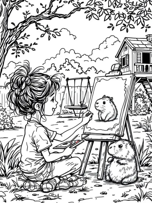 Ausmalbild Mädchen malt Capybara – Kostenlos Ausdrucken | Kreative Malvorlage Kinder - 1