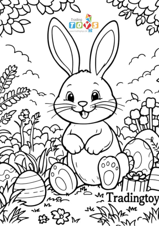 Ausmalbild Osterhase kostenlos – Hase mit Ostereiern & Blumen | Oster-Malvorlage - TradingToys.de 1