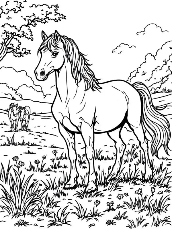 Ausmalbild Pferd Hengst Blumenwiese – Kostenlos Ausdrucken | Realistische Malvorlage PDF - TradingToys.de 1