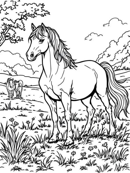 Ausmalbild Pferd Hengst Blumenwiese – Kostenlos Ausdrucken | Realistische Malvorlage PDF - 1