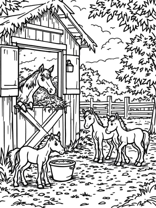 Ausmalbild Pferd am Stall mit Fohlen – Kostenlos Ausdrucken | Reiterhof Malvorlage PDF - TradingToys.de 1