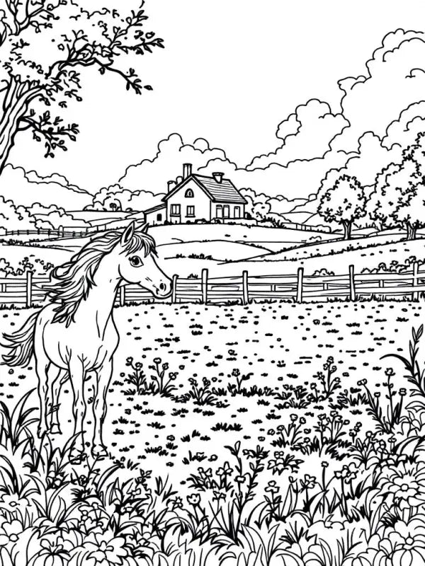 Ausmalbild Pferd Weide Landschaft – Kostenlos Ausdrucken | Malvorlage Erwachsene - 1