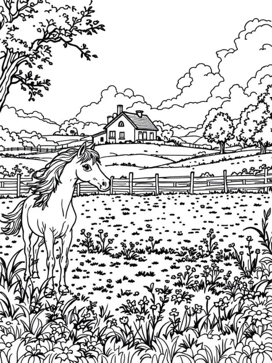 Ausmalbild Pferd Weide Landschaft – Kostenlos Ausdrucken | Malvorlage Erwachsene - TradingToys.de 1