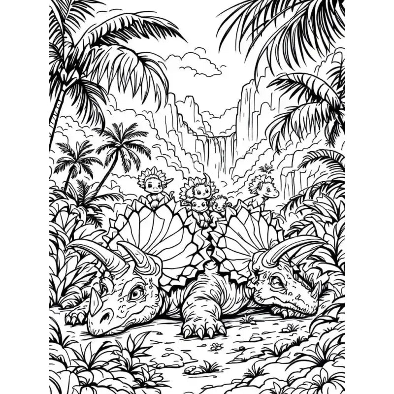 Dino Ausmalbild Dinosaurier Familie mit Babys - 1