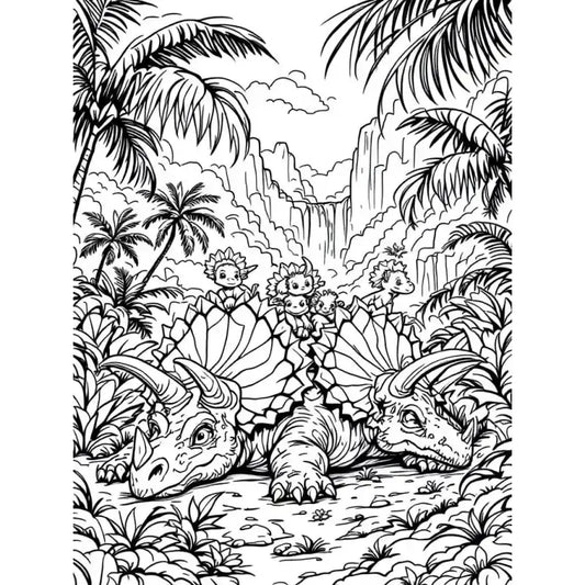 Dino Ausmalbild Dinosaurier Familie mit Babys - 1