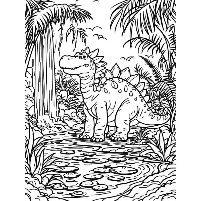 Dinosaurier Ausmalbild mit Wasserfall – PDF zum Ausdrucken - 1