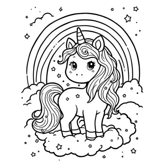 Einhorn Ausmalbild mit Regenbogen PDF kostenlos – Malvorlage für Mädchen Download - 1