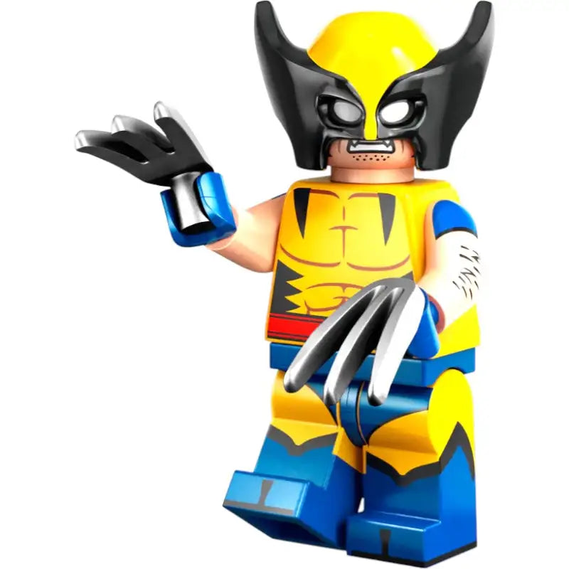 Gelbes und blaues Lego-Wolverine-Minifigur mit schwarzen Krallen, silbernen metallischen Armschienen und einer detaillierten Maske.