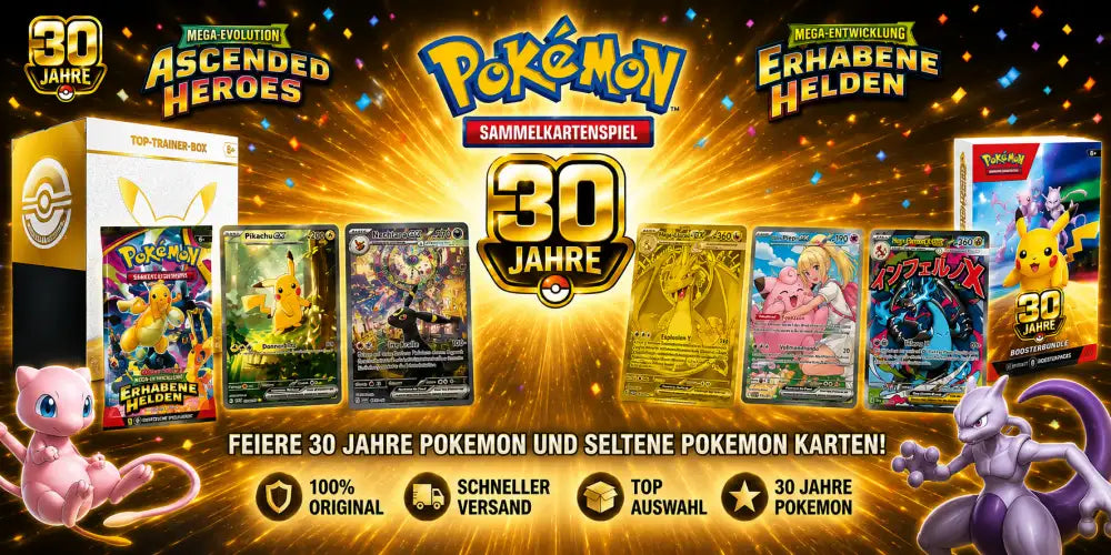 Goldene Pokémon-Kartensammlung mit Mega-Evolutionen: Ascended Heroes und erhabene Helden, mit lebendiger Artwork von Pikachu, Mewtwo und anderen ikonischen Charakteren.