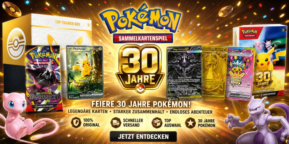 Goldene und schwarze Pokémon-Handelskartenbox mit einem Design zur „30 Jahre“-Feier.