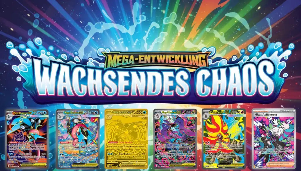 Lebendige, glänzende Pokémon-TCG-Mega-Evolutionskarten mit dynamischer Illustration und kräftigen Farben vor einem kosmischen Farbspritzer-Hintergrund.
