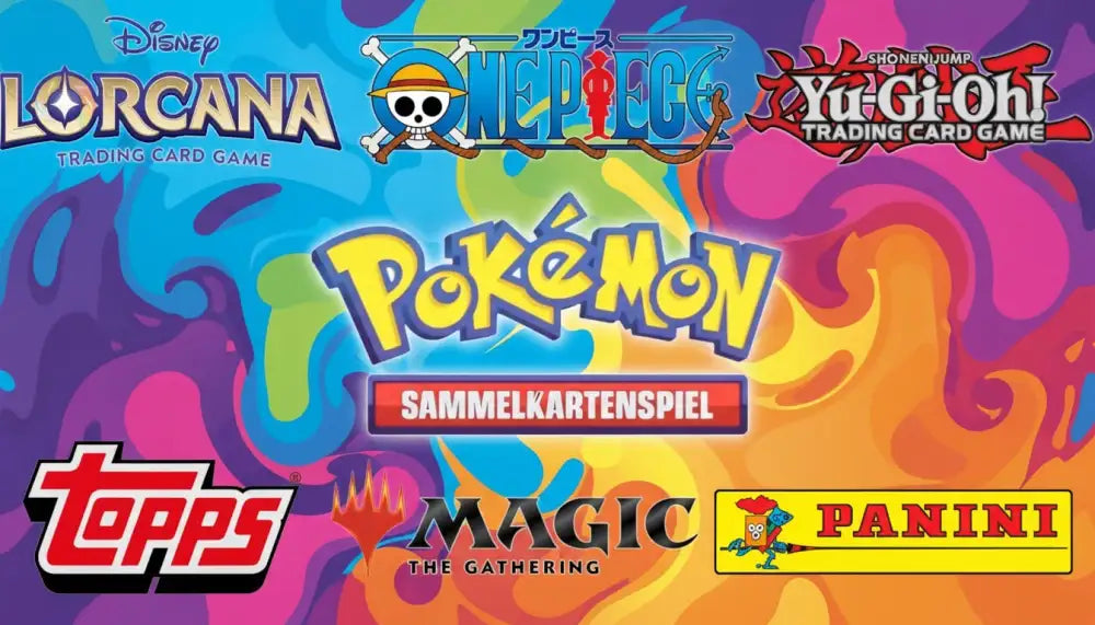Lebendige, mehrfarbige Wirbel dienen als Hintergrund für ein Collage aus beliebten Logos von Trading-Card-Games, darunter Pokémon, One Piece, Yu-Gi-Oh!, Magic: The Gathering und mehr.