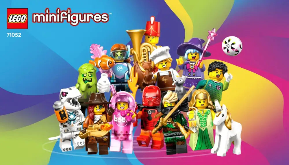 Eine lebendige Sammlung von LEGO-Minifiguren in verschiedenen, farbenfrohen Kostümen und Accessoires, darunter ein Koch, ein Musiker, ein Zauberer und ein Einhorn.