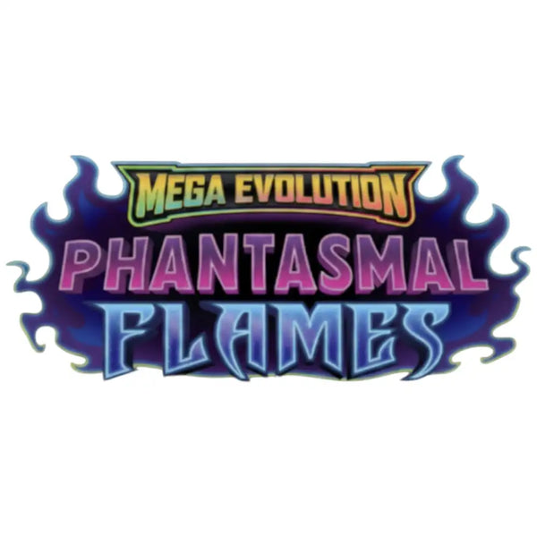 Lebhaftes, flammenförmiges Logo für ’Mega-Evolution Phantomsflammen’ mit verlaufendem Text in lila- und blauen Tönen.