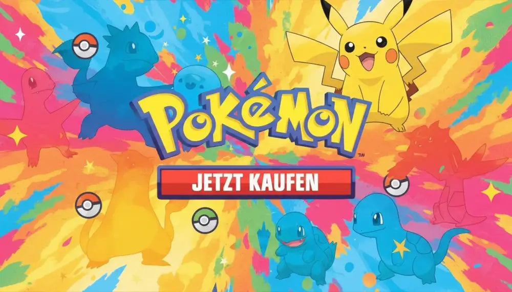 Ein lebhaftes gelbes Pikachu sticht vor einem bunten, mit Spritzern bemalten Hintergrund hervor, zusammen mit anderen Pokémon-Charakteren.