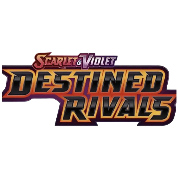 Lebhaftes ‘scarlet & violet destined rivals’-Logo mit fetter, stilisierten Schrift in feurigem Orange und tiefem Purpur.