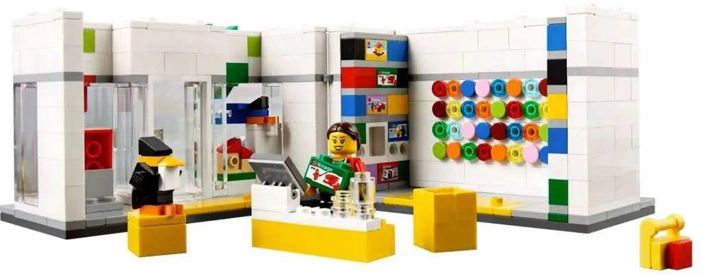 Weißer lego store set 40145 mit bunten kreisförmigen dekorationen und gelben details spielzeug online kaufen