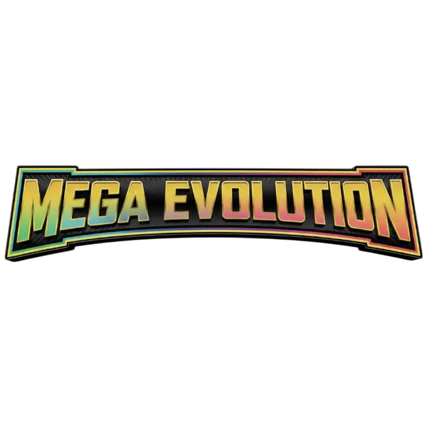 Leuchtendes Gradienten-„Mega-Evolution“-Logo mit fetter, stilisierten Beschriftung und retro Gaming-Ästhetik.