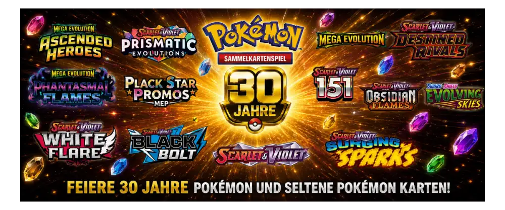 Logo des Pokémon-Sammelkartenspiels zum 30. Jubiläum mit funkelnden Edelstein-Akzenten und kräftigem, farbenfrohem Text.