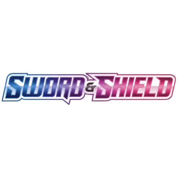 Schwert- & Schild-Logo mit fetter, stilisierten Schrift in blauen und pinken Verläufen.