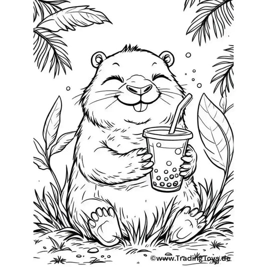 Tier Ausmalbild Capybara mit Bubbeltea - Ausmalbilder Tiere - 1