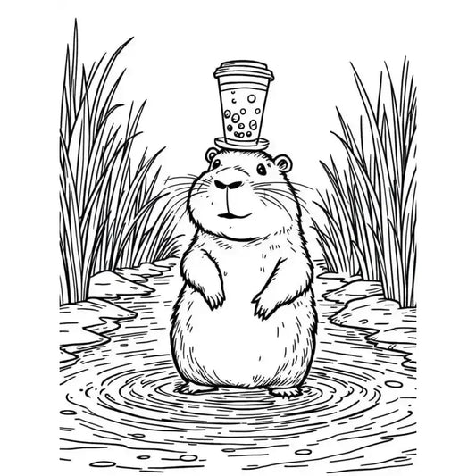 Tier Ausmalbild Capybara mit Bubbletea auf den Kopf - 1
