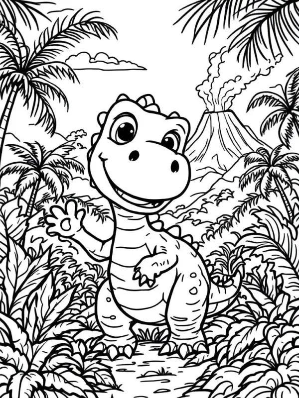 Trex Ausmalbild Dinobaby am Vulkan - Ausmalbilder - 1