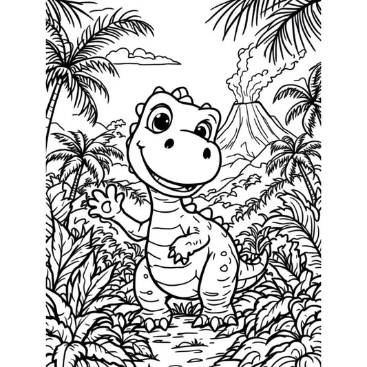 Trex Ausmalbild Dinobaby am Vulkan - Ausmalbilder - 1