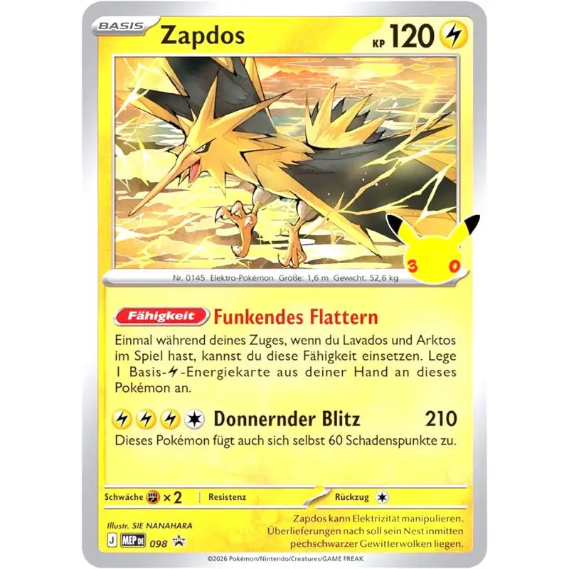 Zapdos Pokémon Sammelkarte – 30 Jahre - MEP DE 098 - 1